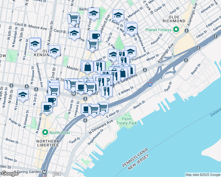 map of restaurants, bars, coffee shops, grocery stores, and more near 322 East Girard Avenue in Philadelphia