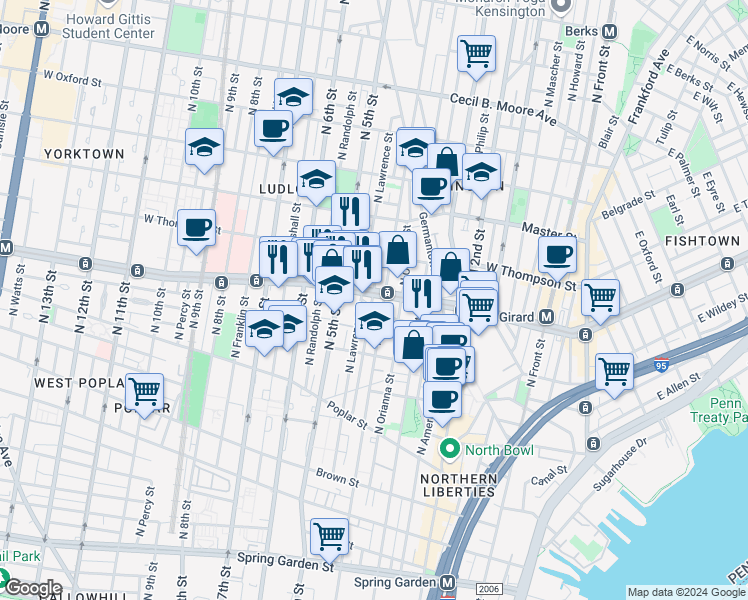 map of restaurants, bars, coffee shops, grocery stores, and more near 1200 North Orkney Street in Philadelphia