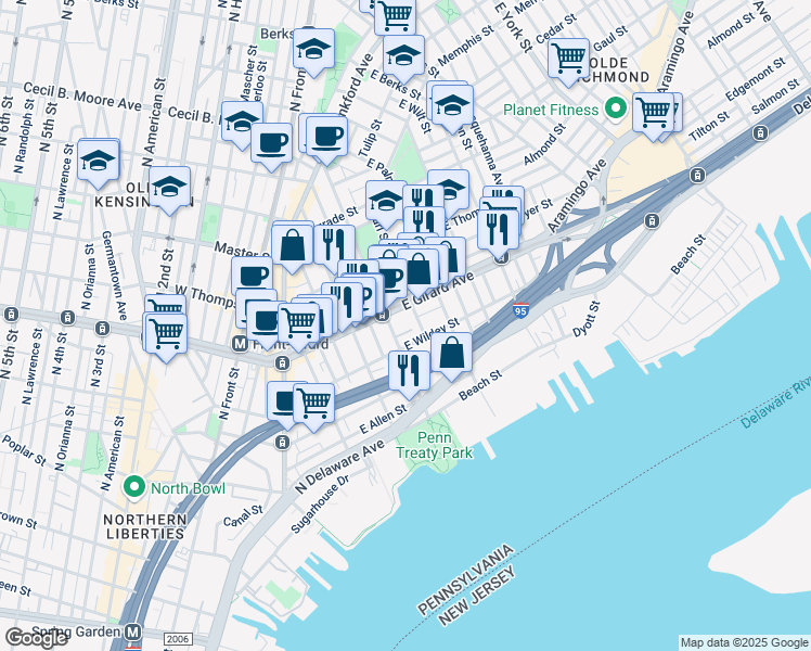 map of restaurants, bars, coffee shops, grocery stores, and more near 1125 East Columbia Avenue in Philadelphia