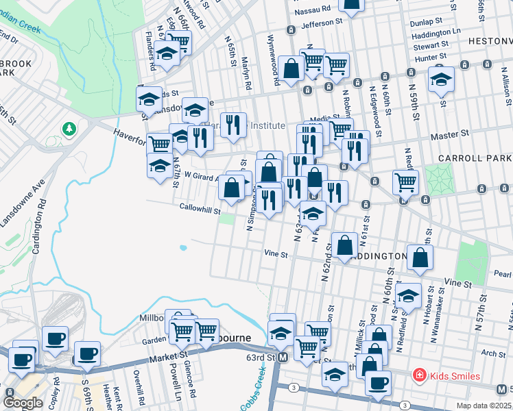 map of restaurants, bars, coffee shops, grocery stores, and more near 415 North Simpson Street in Philadelphia