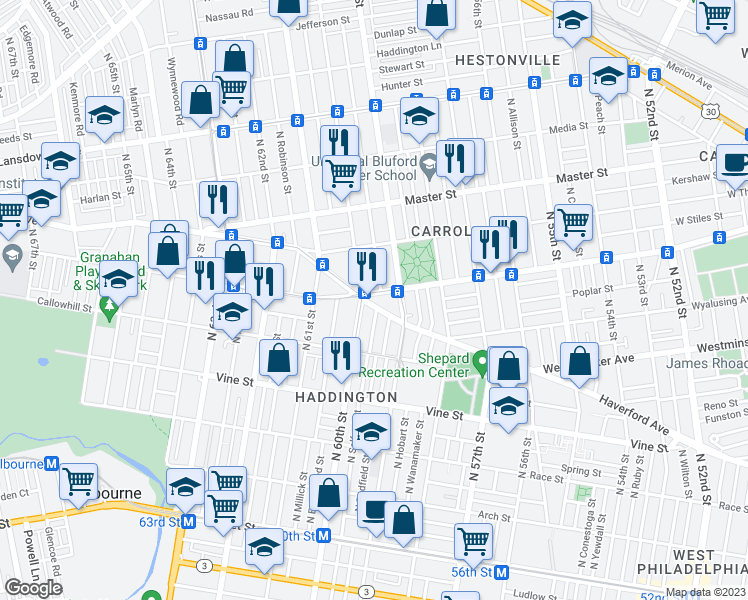 map of restaurants, bars, coffee shops, grocery stores, and more near 5939 Haverford Avenue in Philadelphia