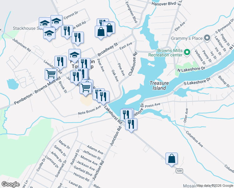 map of restaurants, bars, coffee shops, grocery stores, and more near 11 Clubhouse Road in Pemberton Township
