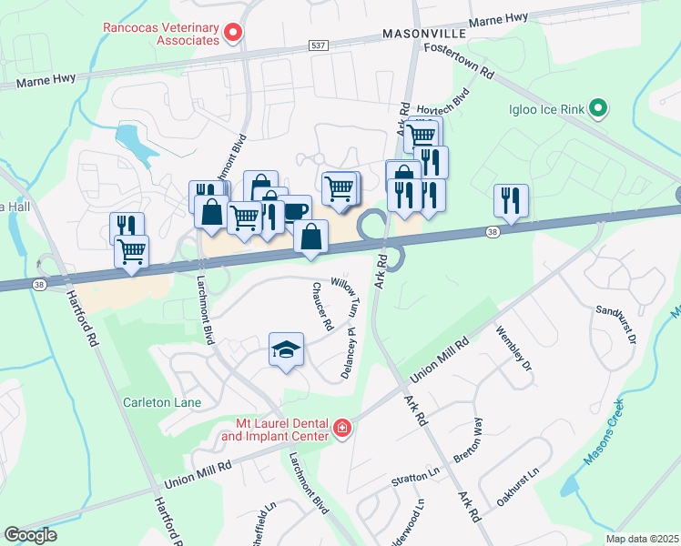map of restaurants, bars, coffee shops, grocery stores, and more near 3110 New Jersey 38 in Mount Laurel Township
