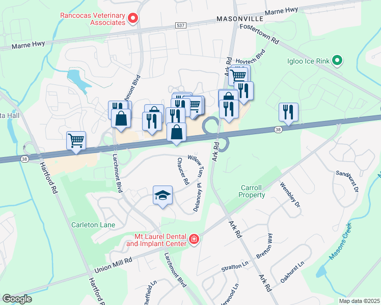 map of restaurants, bars, coffee shops, grocery stores, and more near 3110 New Jersey 38 in Mount Laurel Township