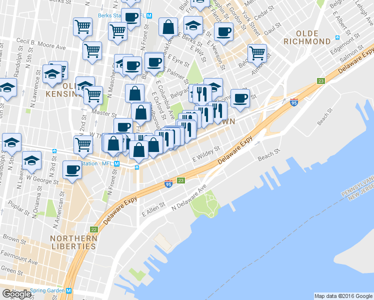map of restaurants, bars, coffee shops, grocery stores, and more near in Philadelphia