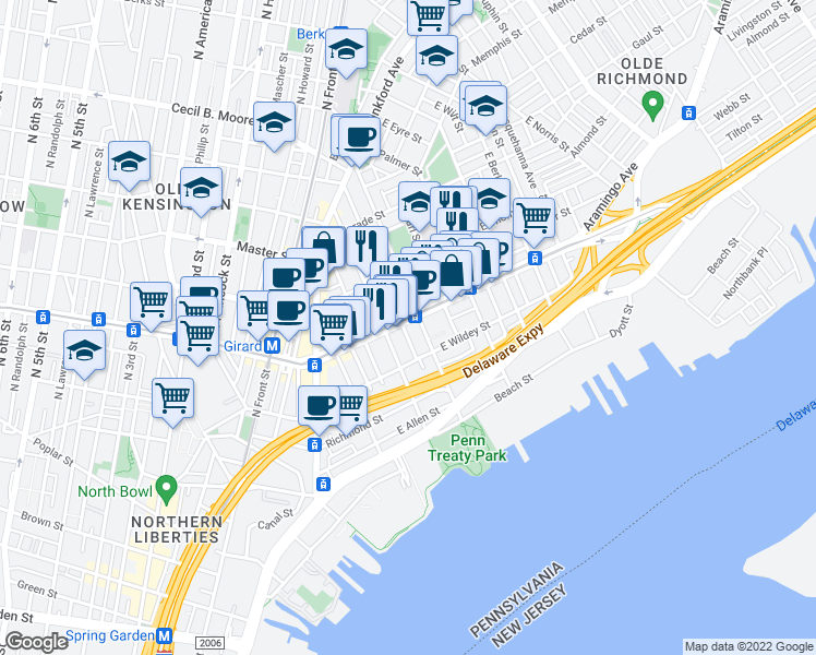 map of restaurants, bars, coffee shops, grocery stores, and more near in Philadelphia