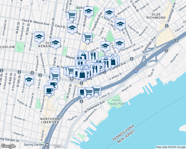 map of restaurants, bars, coffee shops, grocery stores, and more near 1223 Marlborough Street in Philadelphia