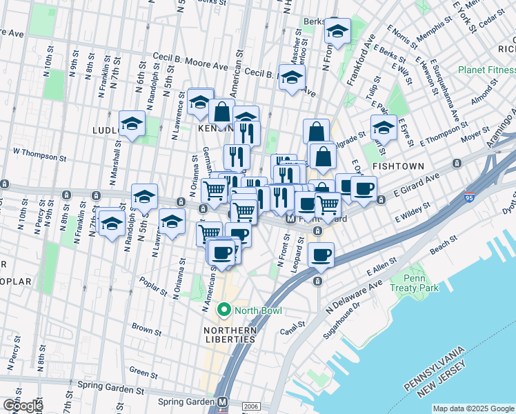 map of restaurants, bars, coffee shops, grocery stores, and more near 1247 North Hancock Street in Philadelphia