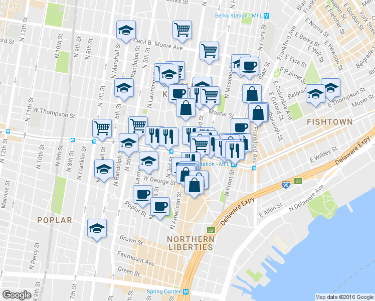 map of restaurants, bars, coffee shops, grocery stores, and more near 1220 North 2nd Street in Philadelphia