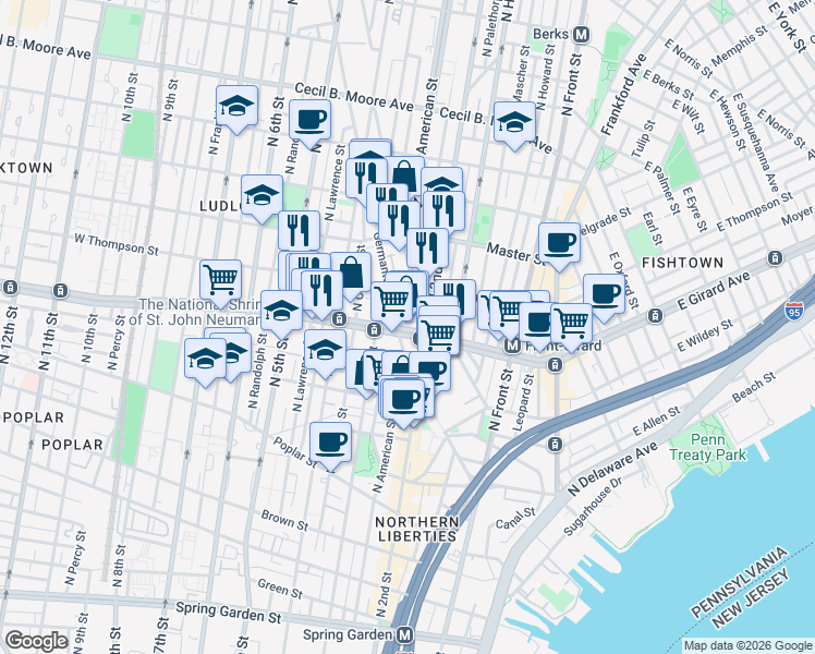 map of restaurants, bars, coffee shops, grocery stores, and more near in Philadelphia