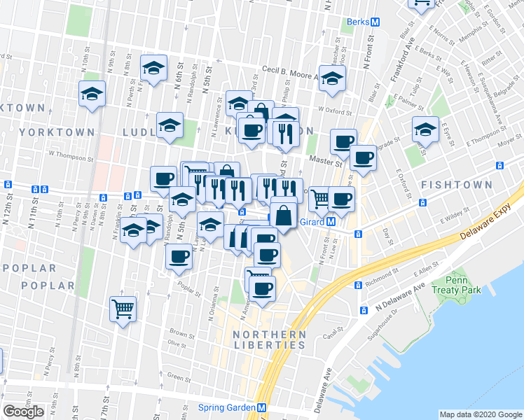 map of restaurants, bars, coffee shops, grocery stores, and more near 1224 Germantown Avenue in Philadelphia