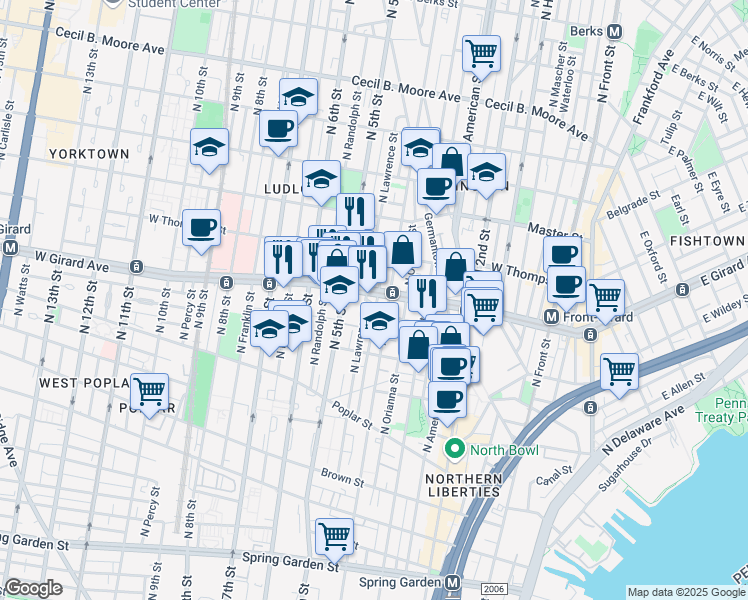 map of restaurants, bars, coffee shops, grocery stores, and more near 1200 North Orkney Street in Philadelphia