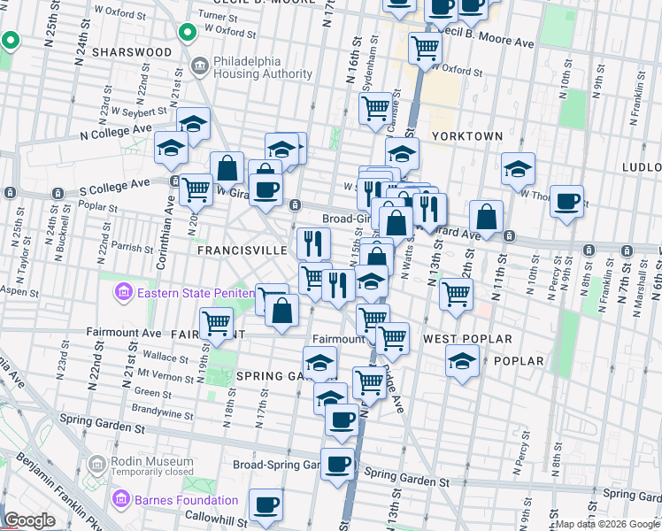 map of restaurants, bars, coffee shops, grocery stores, and more near 1515 Poplar Street in Philadelphia