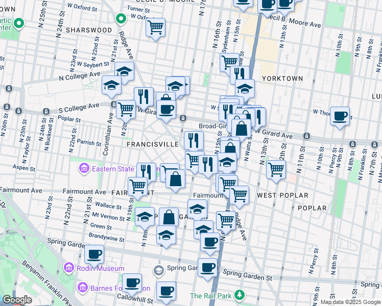 map of restaurants, bars, coffee shops, grocery stores, and more near 1606 Poplar Street in Philadelphia