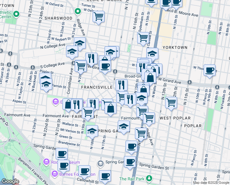 map of restaurants, bars, coffee shops, grocery stores, and more near 1700 Ridge Avenue in Philadelphia