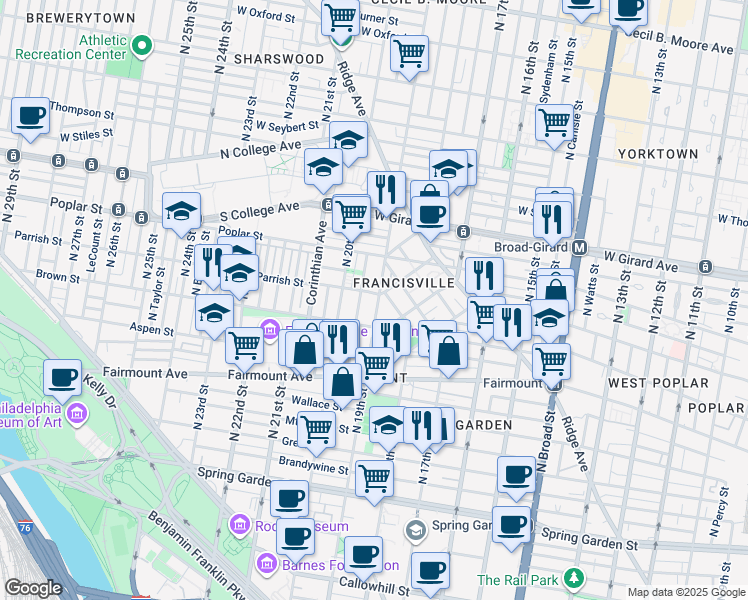 map of restaurants, bars, coffee shops, grocery stores, and more near 860 North 19th Street in Philadelphia