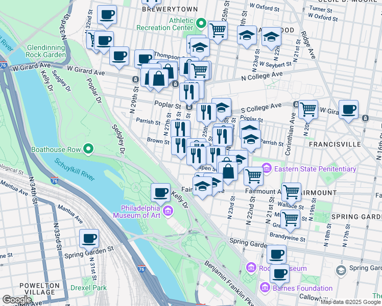 map of restaurants, bars, coffee shops, grocery stores, and more near 811 North Stillman Street in Philadelphia