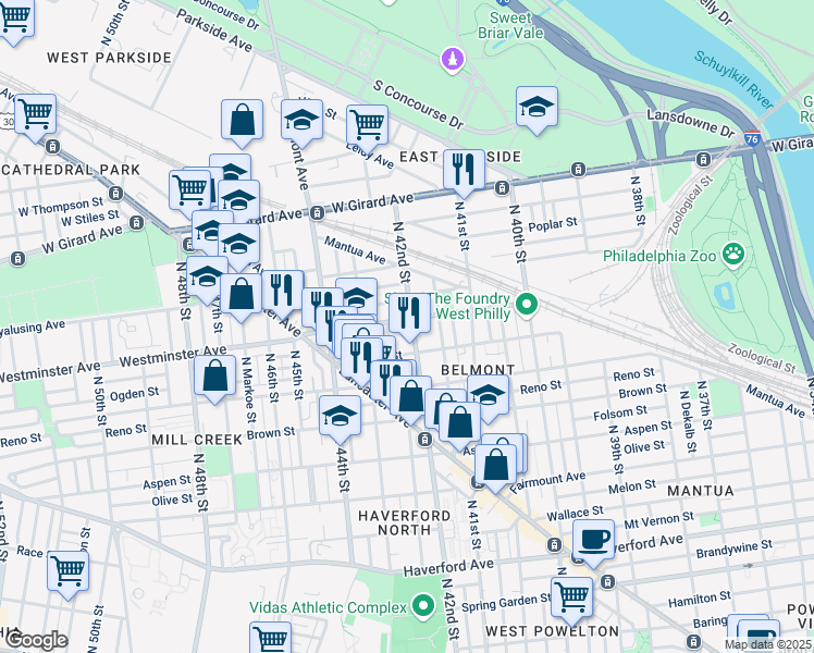 map of restaurants, bars, coffee shops, grocery stores, and more near in Philadelphia