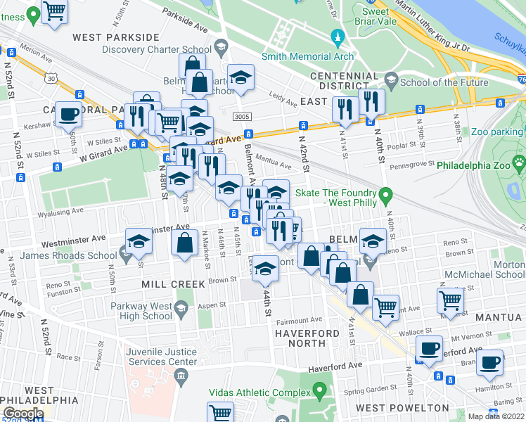 map of restaurants, bars, coffee shops, grocery stores, and more near 929 Belmont Avenue in Philadelphia