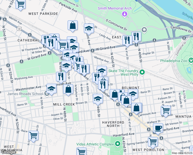 map of restaurants, bars, coffee shops, grocery stores, and more near 929 Belmont Avenue in Philadelphia