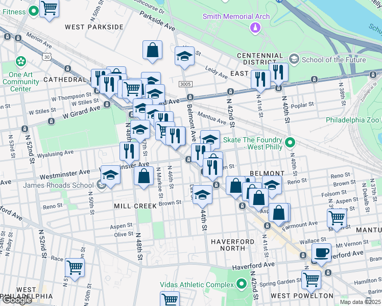 map of restaurants, bars, coffee shops, grocery stores, and more near 929 Belmont Avenue in Philadelphia