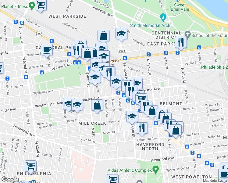 map of restaurants, bars, coffee shops, grocery stores, and more near 4527 Lancaster Avenue in Philadelphia