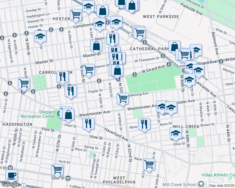 map of restaurants, bars, coffee shops, grocery stores, and more near 5225 Poplar Street in Philadelphia