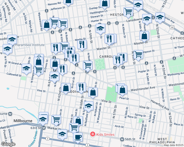 map of restaurants, bars, coffee shops, grocery stores, and more near 1212 North Redfield Street in Philadelphia