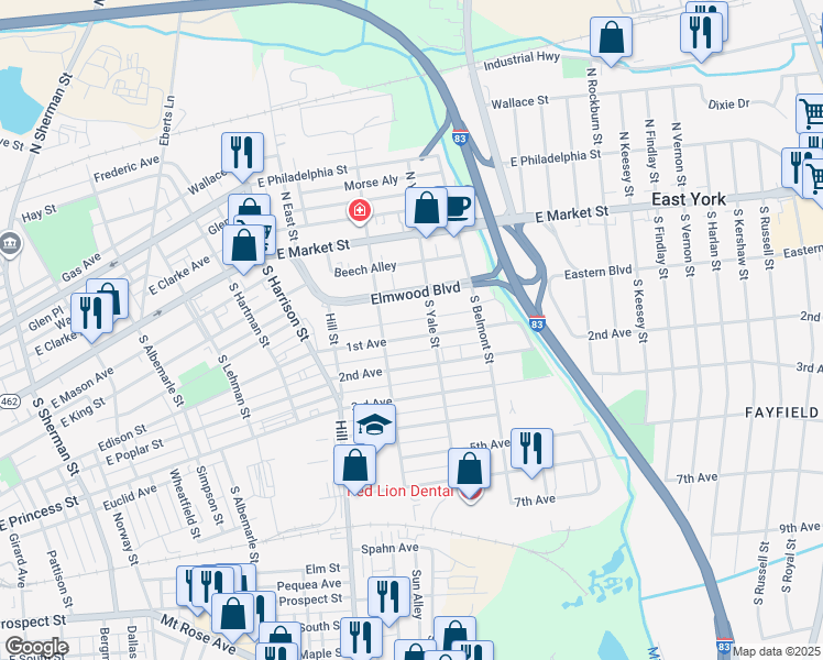 map of restaurants, bars, coffee shops, grocery stores, and more near 220 Elmwood Boulevard in York