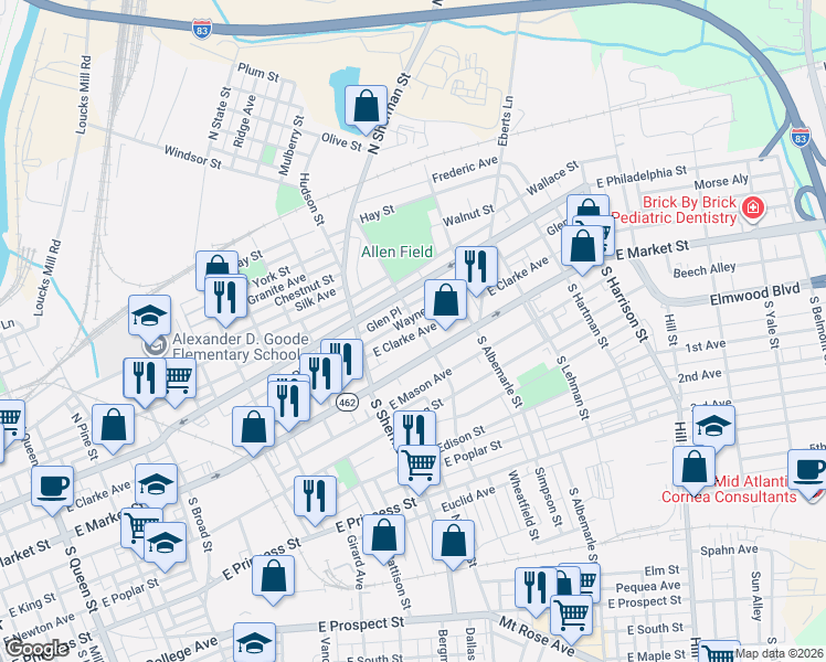 map of restaurants, bars, coffee shops, grocery stores, and more near 915 Wayne Avenue in York