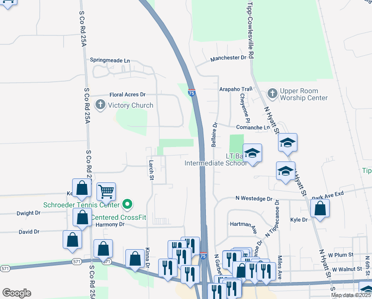 map of restaurants, bars, coffee shops, grocery stores, and more near 470 East Bon Air Drive in Tipp City