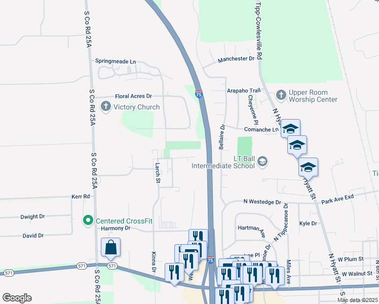 map of restaurants, bars, coffee shops, grocery stores, and more near 420 East Bon Air Drive in Tipp City