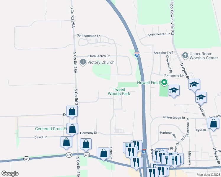 map of restaurants, bars, coffee shops, grocery stores, and more near 1322 Commerce Park Drive in Tipp City