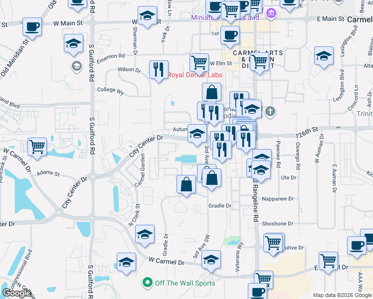 map of restaurants, bars, coffee shops, grocery stores, and more near 385 City Center Drive in Carmel