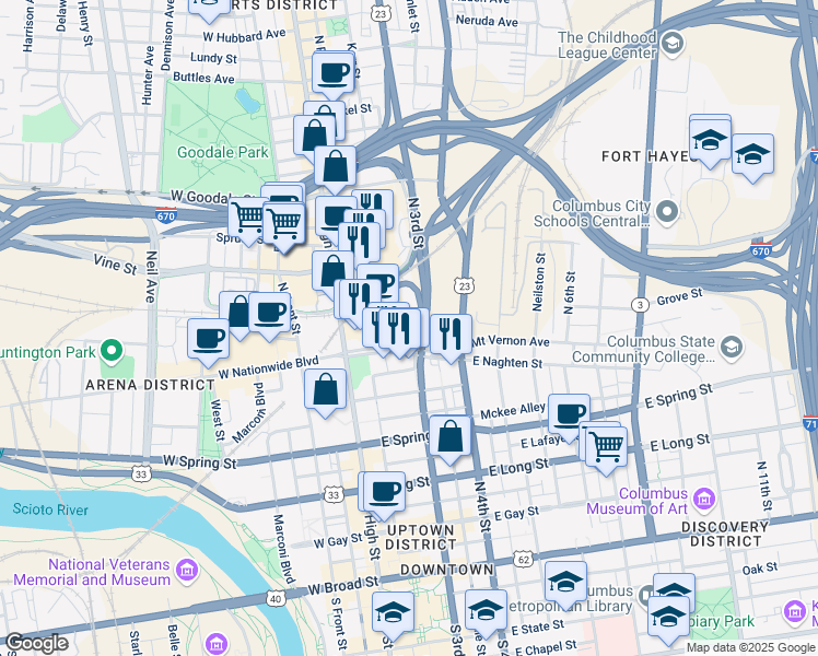 map of restaurants, bars, coffee shops, grocery stores, and more near 88 East Nationwide Boulevard in Columbus