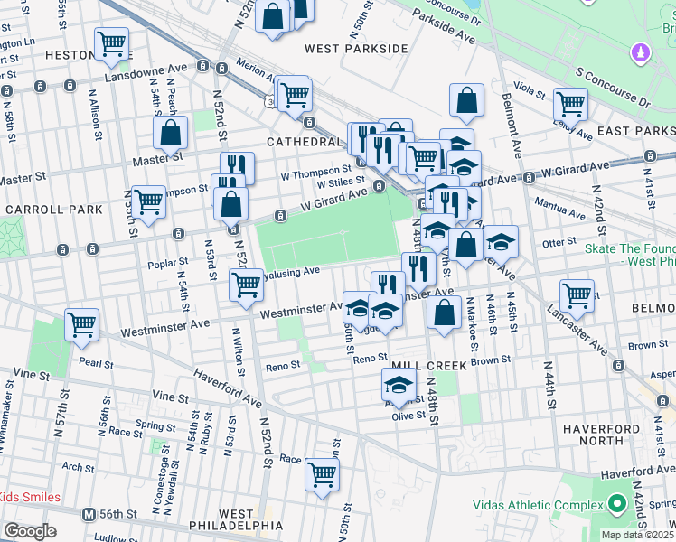 map of restaurants, bars, coffee shops, grocery stores, and more near 954 North 50th Street in Philadelphia