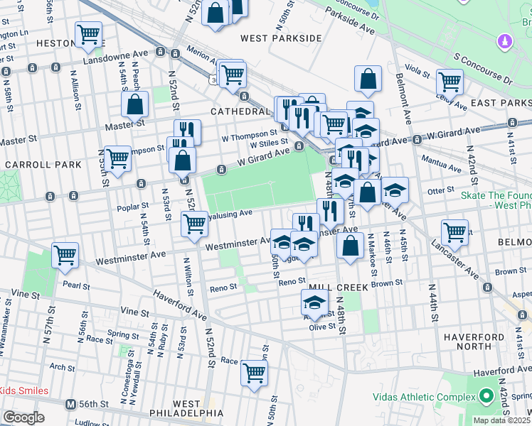 map of restaurants, bars, coffee shops, grocery stores, and more near 954 North 50th Street in Philadelphia
