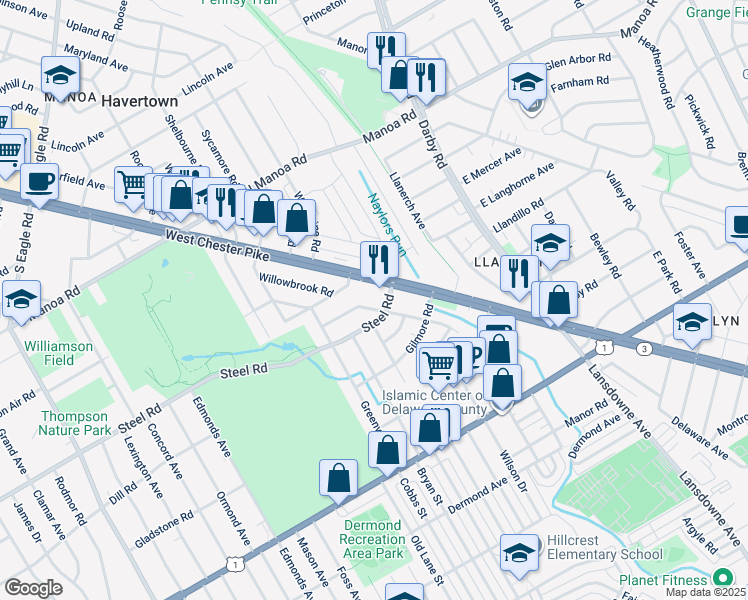 map of restaurants, bars, coffee shops, grocery stores, and more near 441 Olympic Ave in Havertown