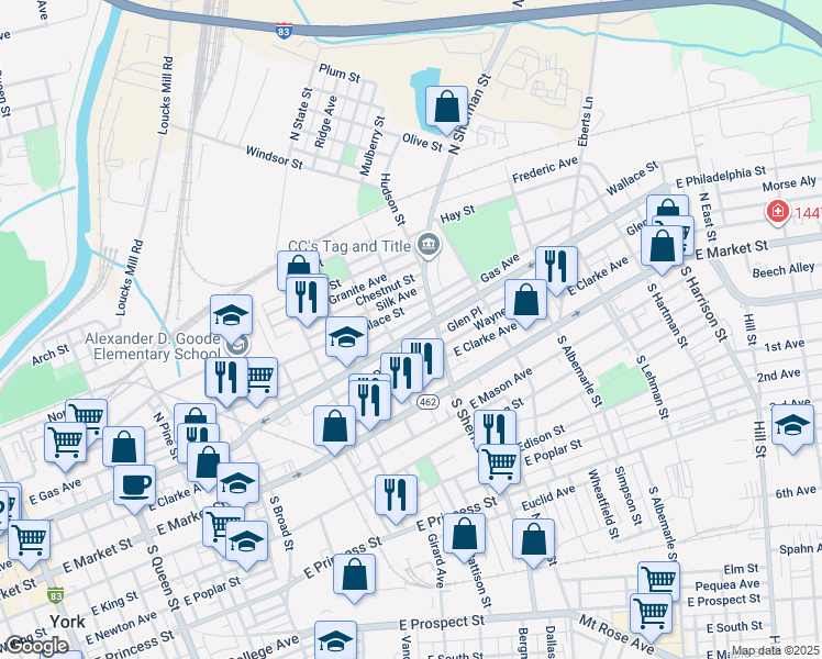 map of restaurants, bars, coffee shops, grocery stores, and more near 727 East Philadelphia Street in York