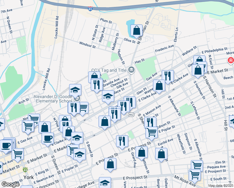 map of restaurants, bars, coffee shops, grocery stores, and more near 688 Wallace Street in York