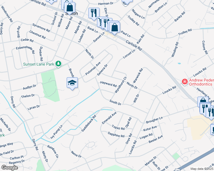 map of restaurants, bars, coffee shops, grocery stores, and more near 1840 Hayward Road in York