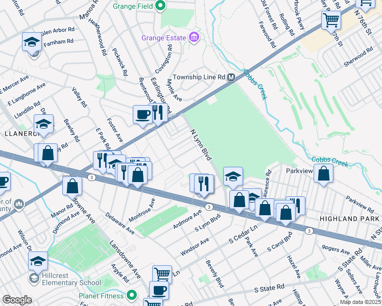 map of restaurants, bars, coffee shops, grocery stores, and more near 227 Parker Avenue in Upper Darby