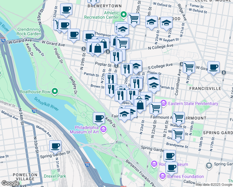 map of restaurants, bars, coffee shops, grocery stores, and more near 2535 Swain Street in Philadelphia