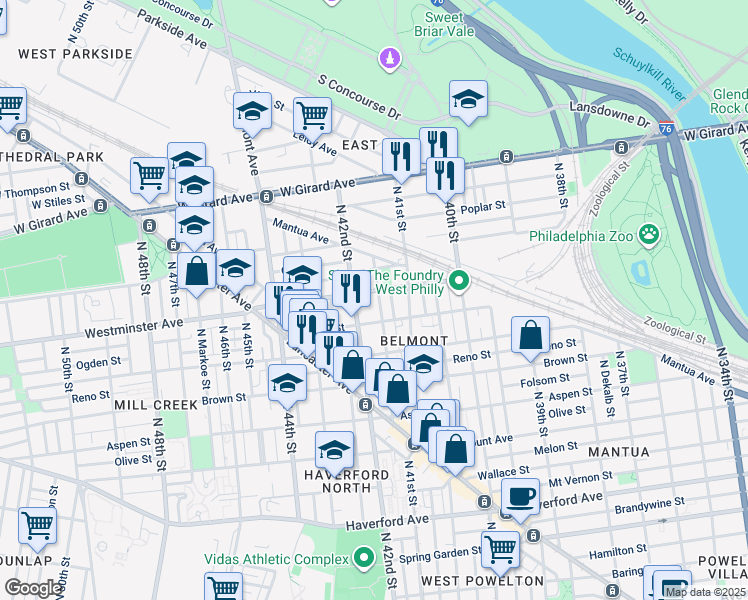 map of restaurants, bars, coffee shops, grocery stores, and more near 880 North Holly Street in Philadelphia