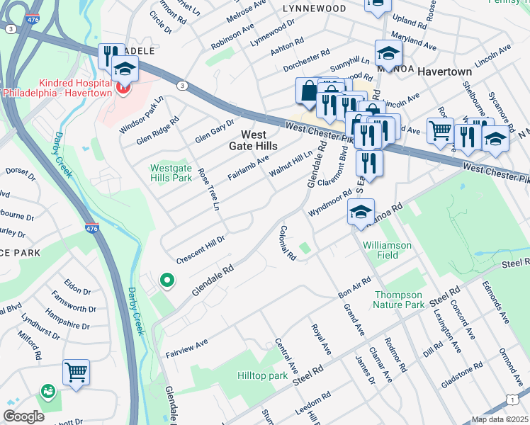map of restaurants, bars, coffee shops, grocery stores, and more near 209 Greenbriar Lane in Havertown