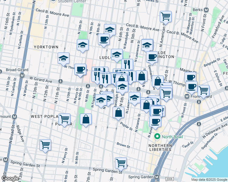 map of restaurants, bars, coffee shops, grocery stores, and more near 1003 North 6th Street in Philadelphia
