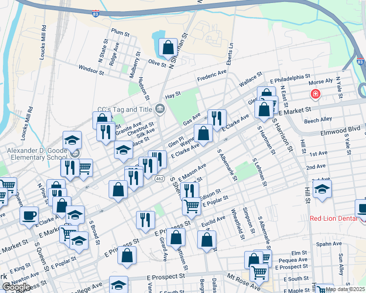 map of restaurants, bars, coffee shops, grocery stores, and more near 852 Wayne Avenue in York