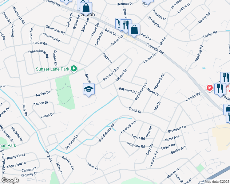 map of restaurants, bars, coffee shops, grocery stores, and more near 1940 South Drive in York