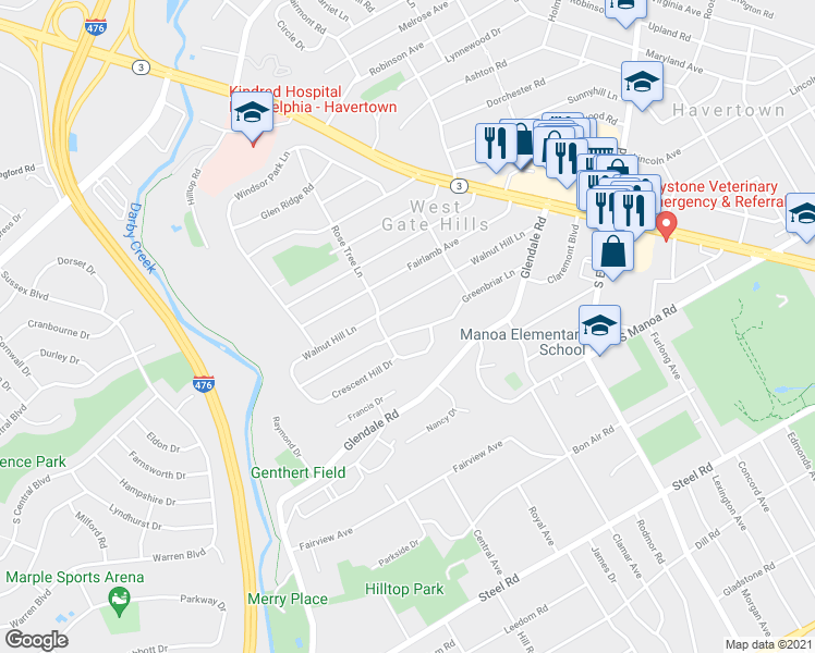 map of restaurants, bars, coffee shops, grocery stores, and more near 220 Greenbriar Lane in Havertown