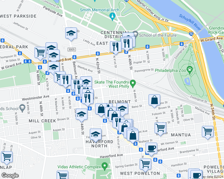 map of restaurants, bars, coffee shops, grocery stores, and more near 882 North Palm Street in Philadelphia